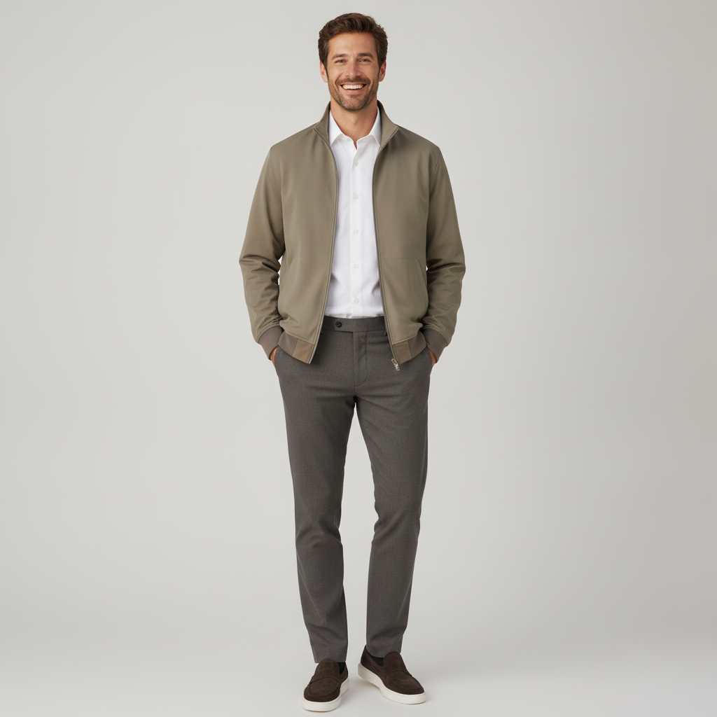Jas Light Olive Green Jersey "Gunner" - Flexx, model vooraanzicht De Heerenkamer Utrecht