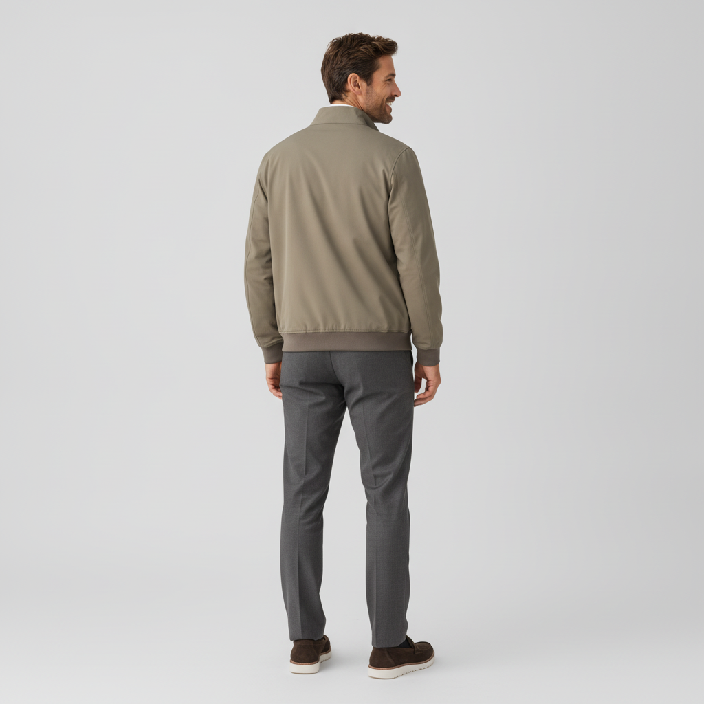 Jas Light Olive Green Jersey "Gunner" - Flexx, model achteraanzicht De Heerenkamer Utrecht