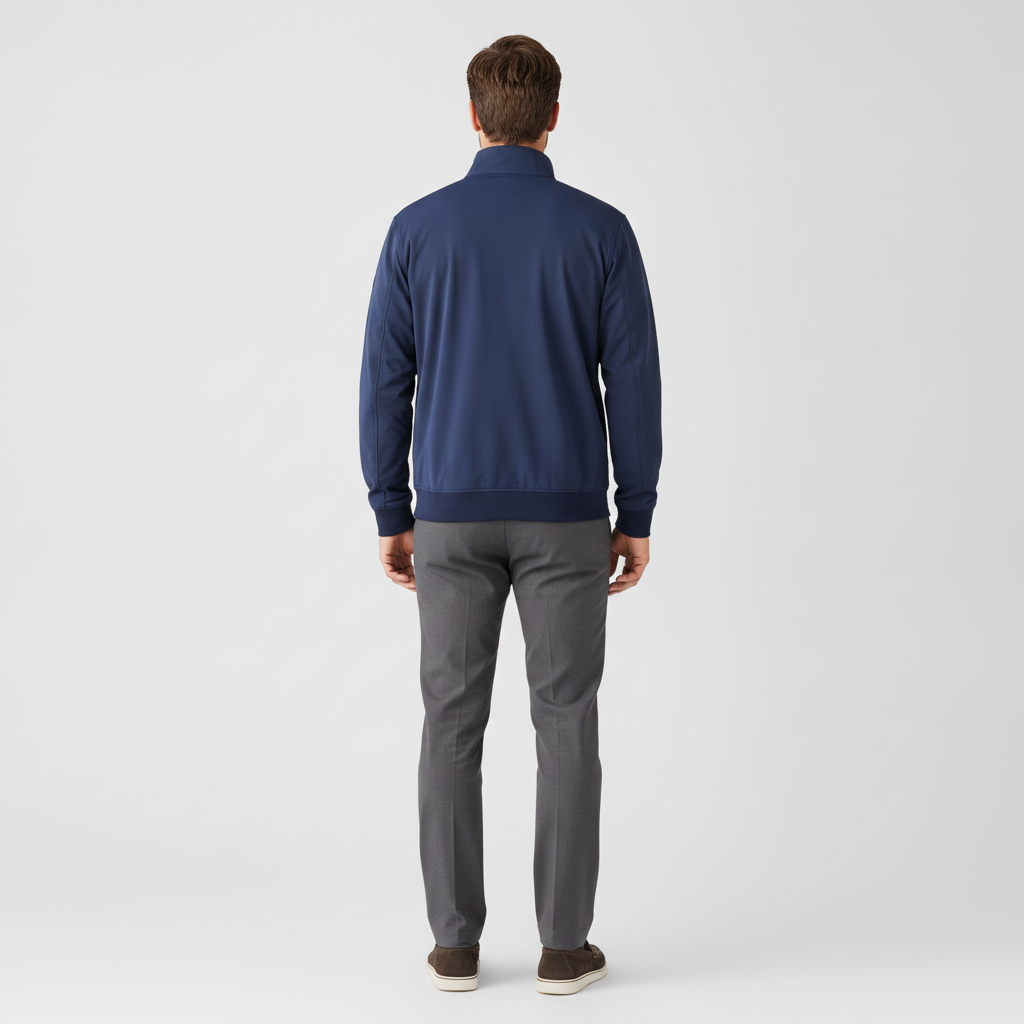 Jas Royal Blue Jersey "Gunner" - Flexx, model achteraanzicht De Heerenkamer Utrecht