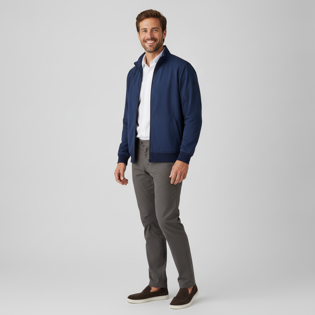 Jas Royal Blue Jersey "Gunner" - Flexx, model driekwart aanzicht De Heerenkamer Utrecht