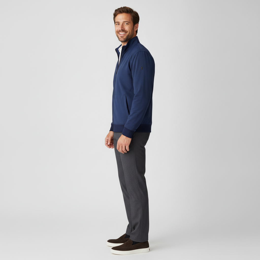 Jas Royal Blue Jersey "Gunner" - Flexx, model zijaanzicht De Heerenkamer Utrecht