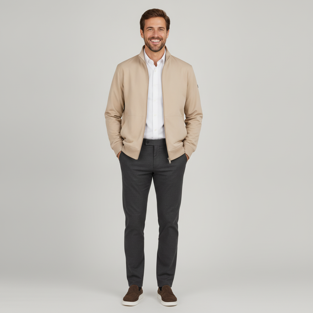 Jas Sand Jersey "Gunner" - Flexx, model vooraanzicht De Heerenkamer Utrecht