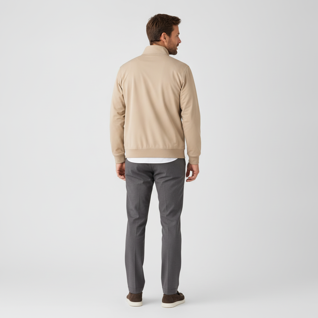 Jas Sand Jersey "Gunner" - Flexx, model achteraanzicht De Heerenkamer Utrecht