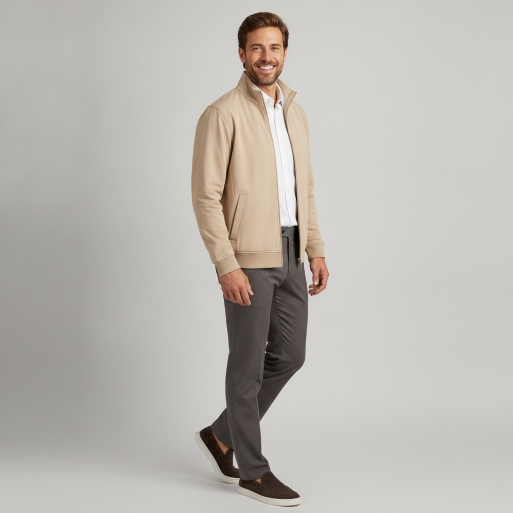 Jas Sand Jersey "Gunner" - Flexx, model driekwart aanzicht De Heerenkamer Utrecht