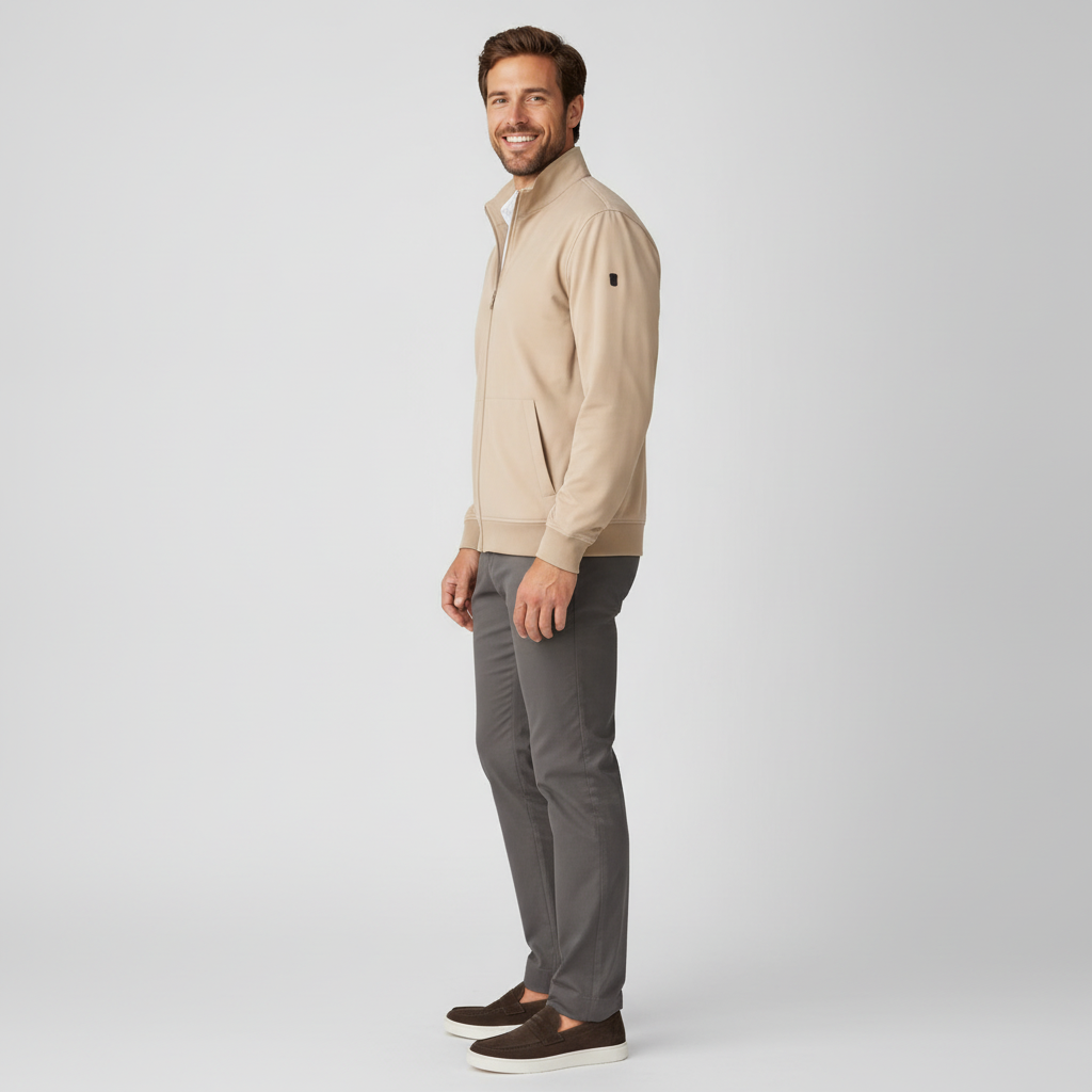 Jas Sand Jersey "Gunner" - Flexx, model zijaanzicht De Heerenkamer Utrecht