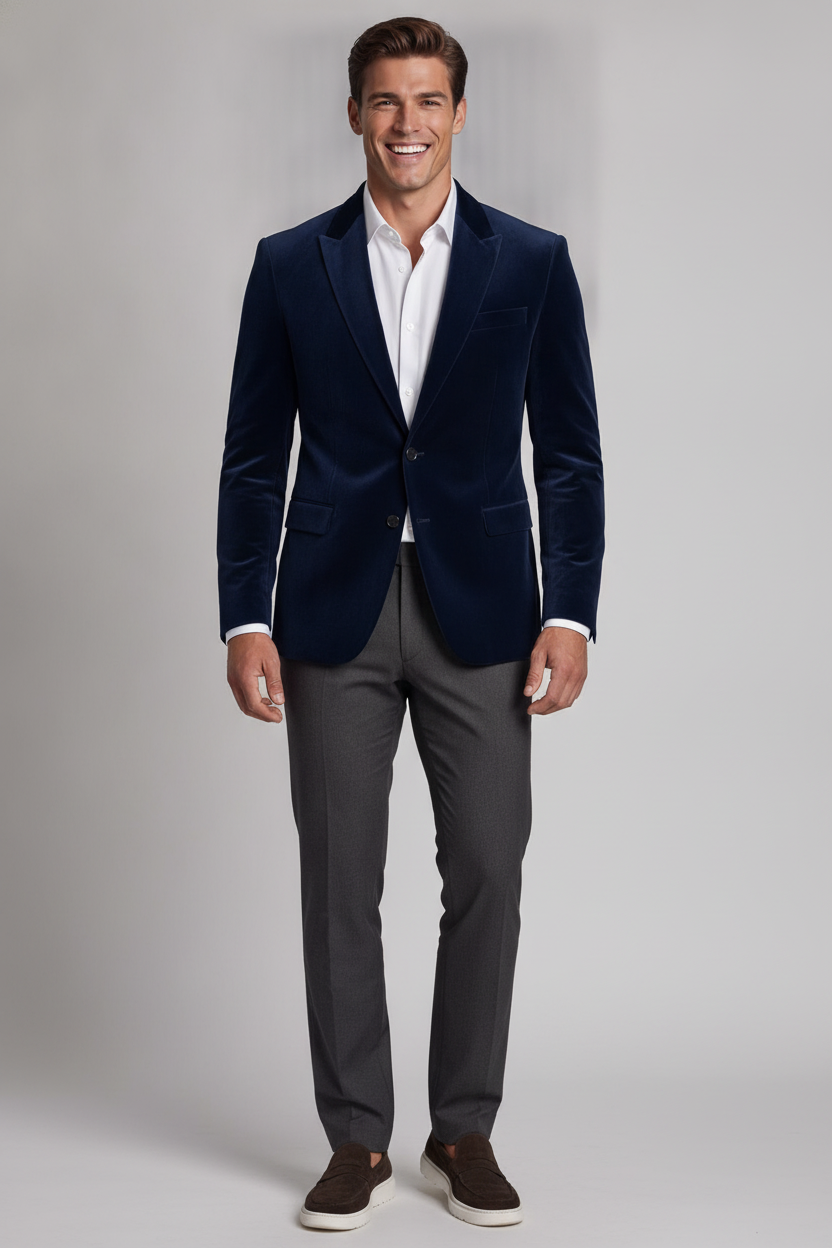 Colbert Fluweel Navy "Oslo" - Mister Steven, model vooraanzicht De Heerenkamer Utrecht