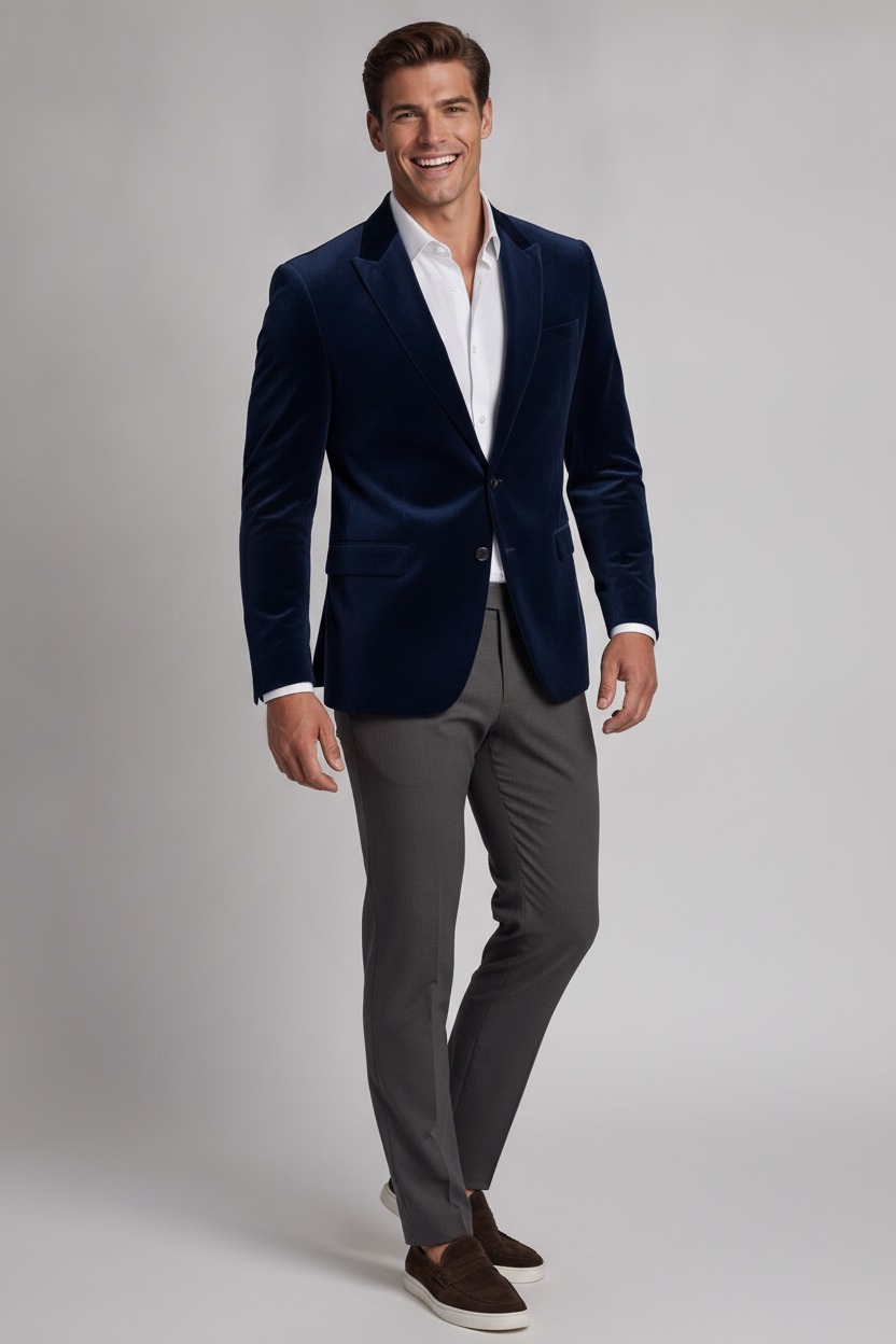 Colbert Fluweel Navy "Oslo" - Mister Steven, model driekwart aanzicht De Heerenkamer Utrecht