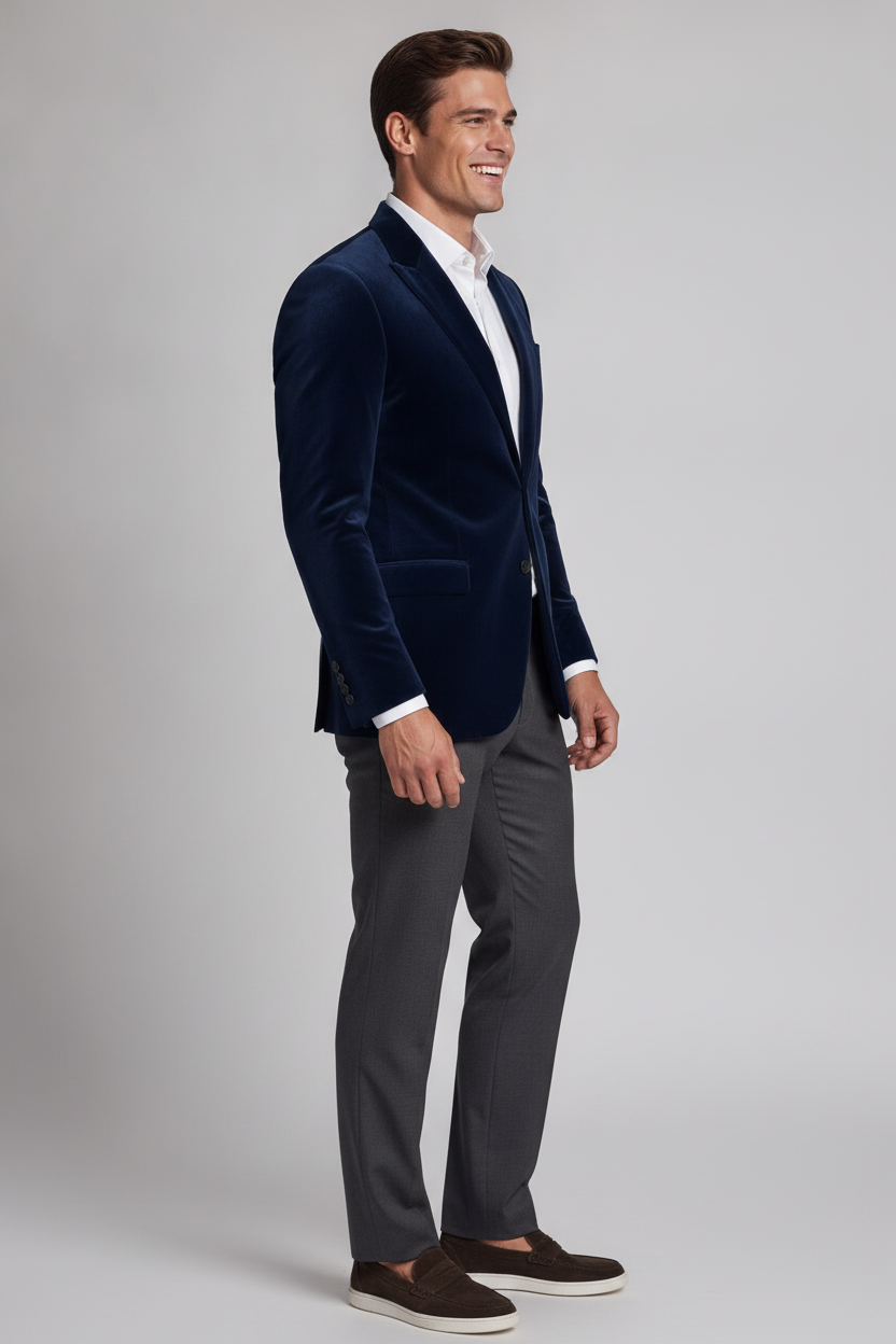 Colbert Fluweel Navy "Oslo" - Mister Steven, model zijaanzicht De Heerenkamer Utrecht
