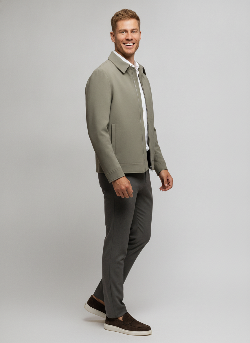 Jas Light Khaki "Colborn" - Flexx, model driekwart aanzicht De Heerenkamer Utrecht
