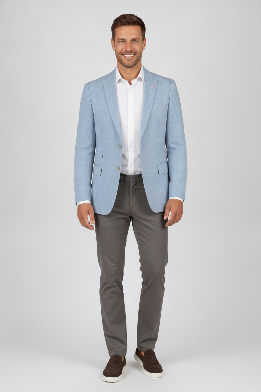 Colbert Katoen-Linnen Light Blue "Havana" - Mister Steven, model vooraanzicht De Heerenkamer Utrecht