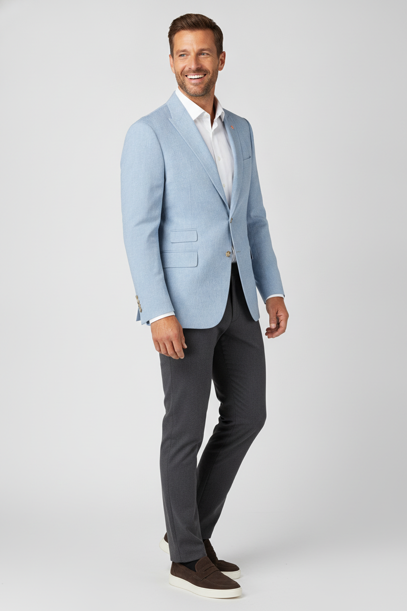 Colbert Katoen-Linnen Light Blue "Havana" - Mister Steven, model driekwart aanzicht De Heerenkamer Utrecht