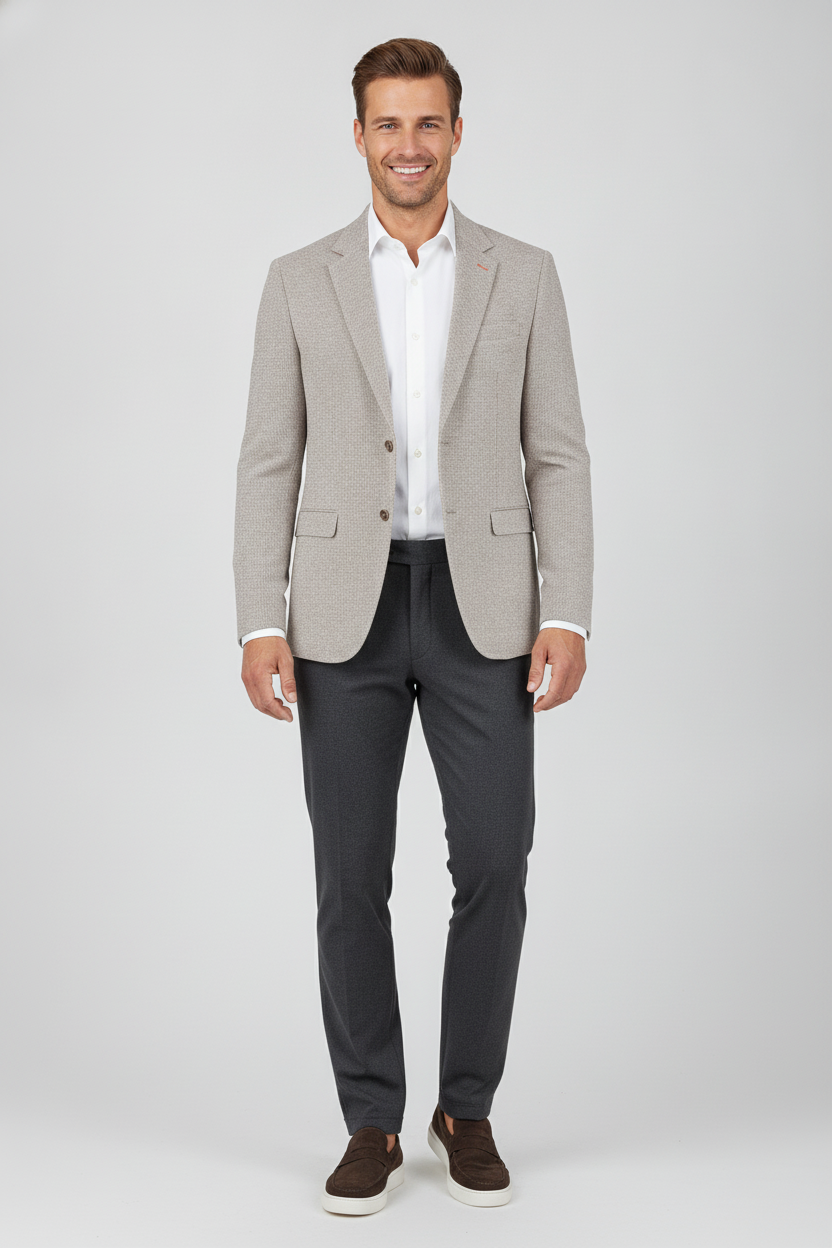 Colbert Beige Brown "Stockholm" - Mister Steven, model vooraanzicht De Heerenkamer Utrecht