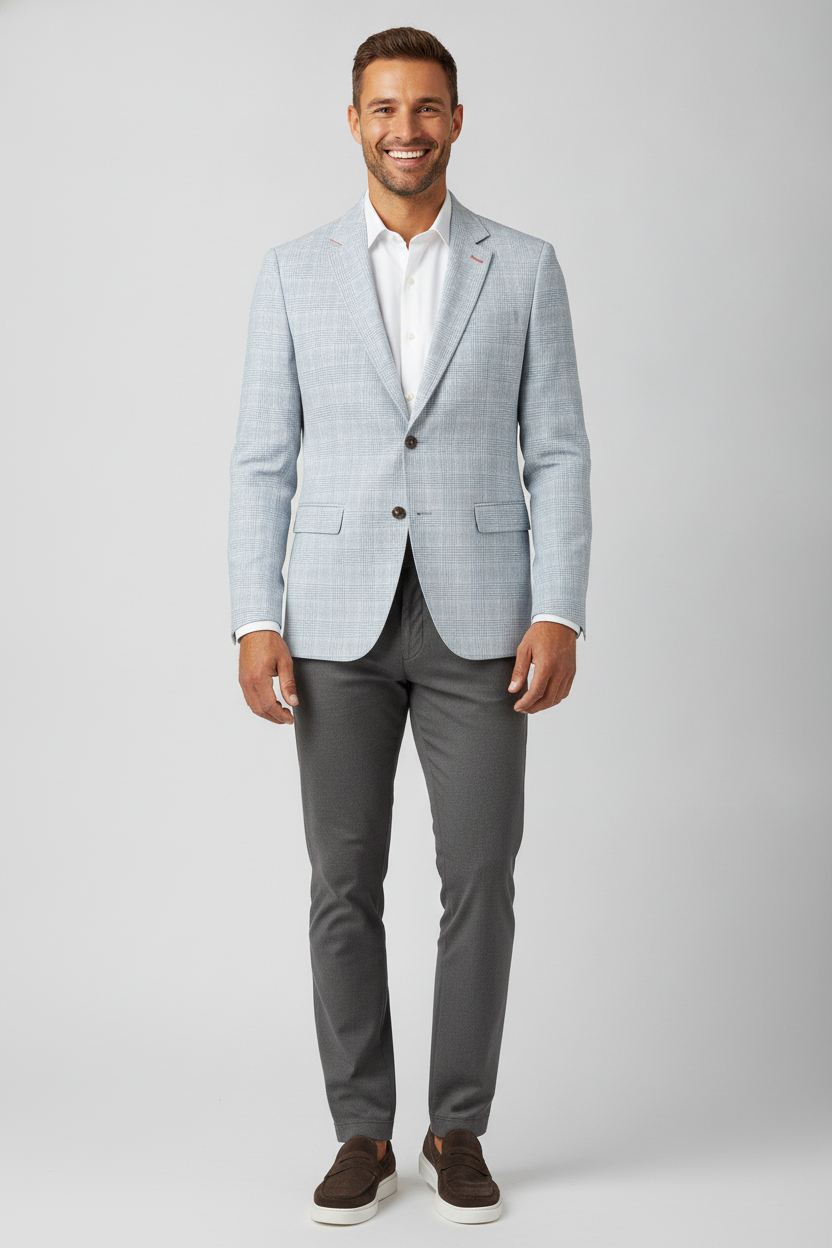Colbert Geruit Cream Light Blue "Stockholm" - Mister Steven, model vooraanzicht De Heerenkamer Utrecht