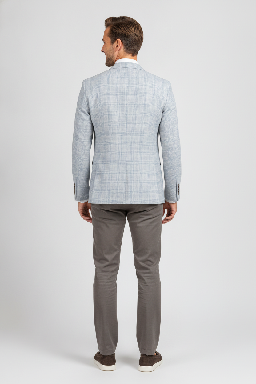 Colbert Geruit Cream Light Blue "Stockholm" - Mister Steven, model achteraanzicht De Heerenkamer Utrecht