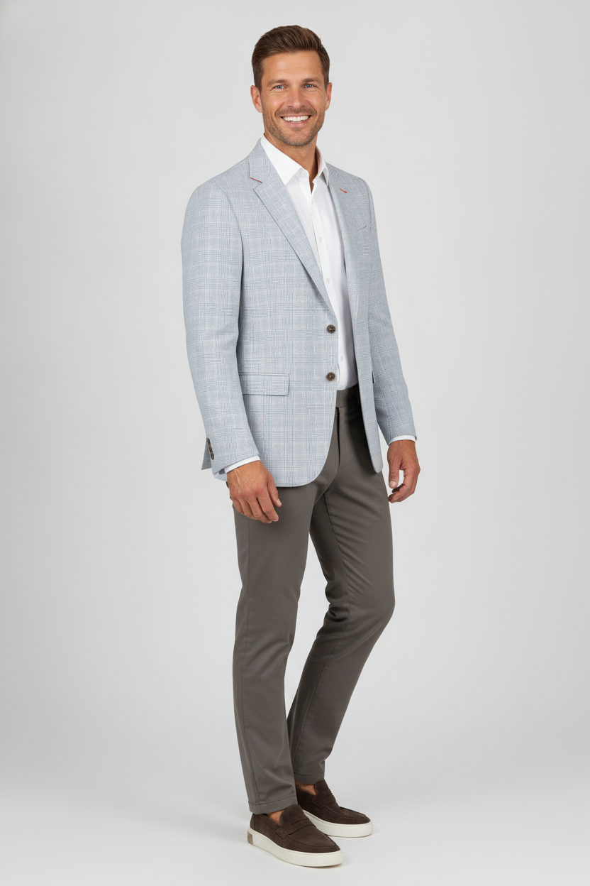 Colbert Geruit Cream Light Blue "Stockholm" - Mister Steven, model driekwart aanzicht De Heerenkamer Utrecht