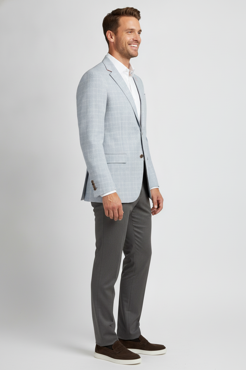 Colbert Geruit Cream Light Blue "Stockholm" - Mister Steven, model zijaanzicht De Heerenkamer Utrecht