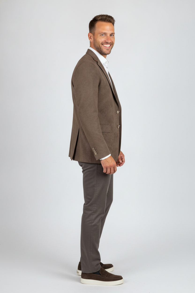 Colbert Suède Brown "Oslo" - Mister Steven, model achteraanzicht De Heerenkamer Utrecht