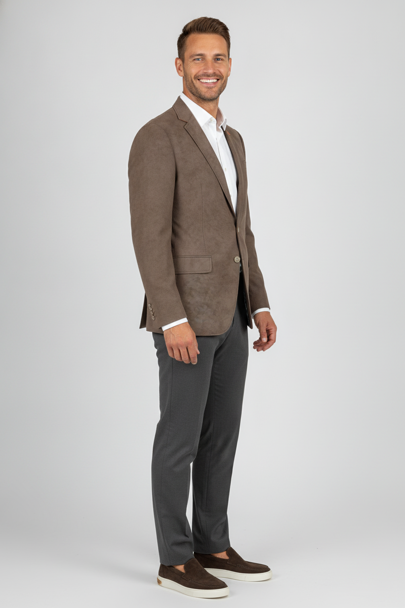 Colbert Suède Brown "Oslo" - Mister Steven, model zijaanzicht De Heerenkamer Utrecht