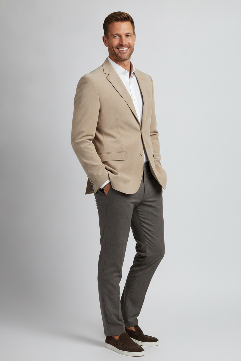 Colbert Suède Sand "Oslo" - Mister Steven, model driekwart aanzicht De Heerenkamer Utrecht