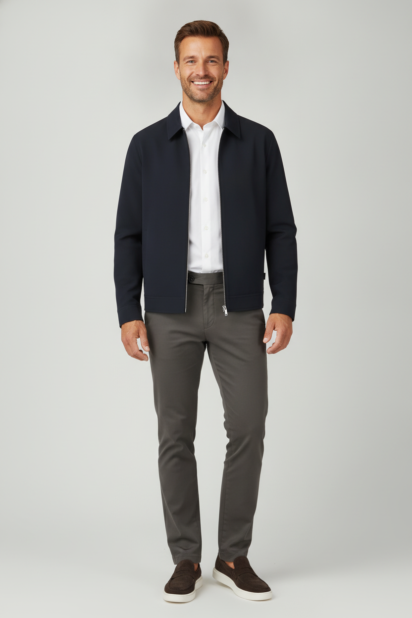 Jas Mid Navy "Colborn" - Flexx, model vooraanzicht De Heerenkamer Utrecht