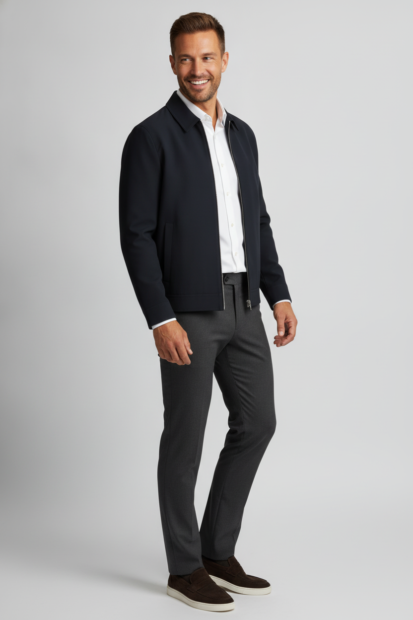 Jas Mid Navy "Colborn" - Flexx, model driekwart aanzicht De Heerenkamer Utrecht