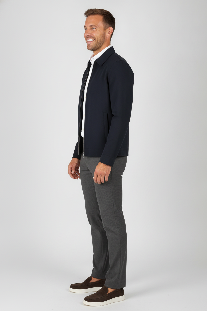 Jas Mid Navy "Colborn" - Flexx, model zijaanzicht De Heerenkamer Utrecht