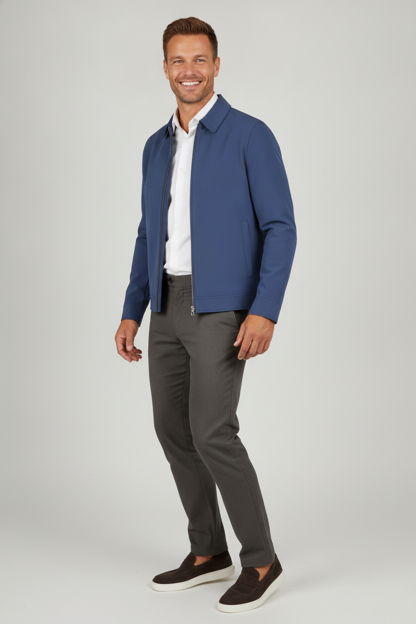 Jas Royal Blue Jersey "Colborn" - Flexx, model driekwart aanzicht De Heerenkamer Utrecht
