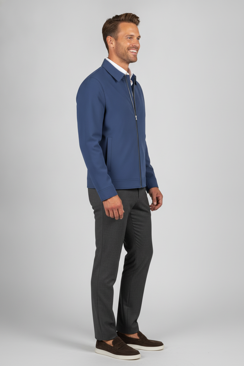Jas Royal Blue Jersey "Colborn" - Flexx, model zijaanzicht De Heerenkamer Utrecht