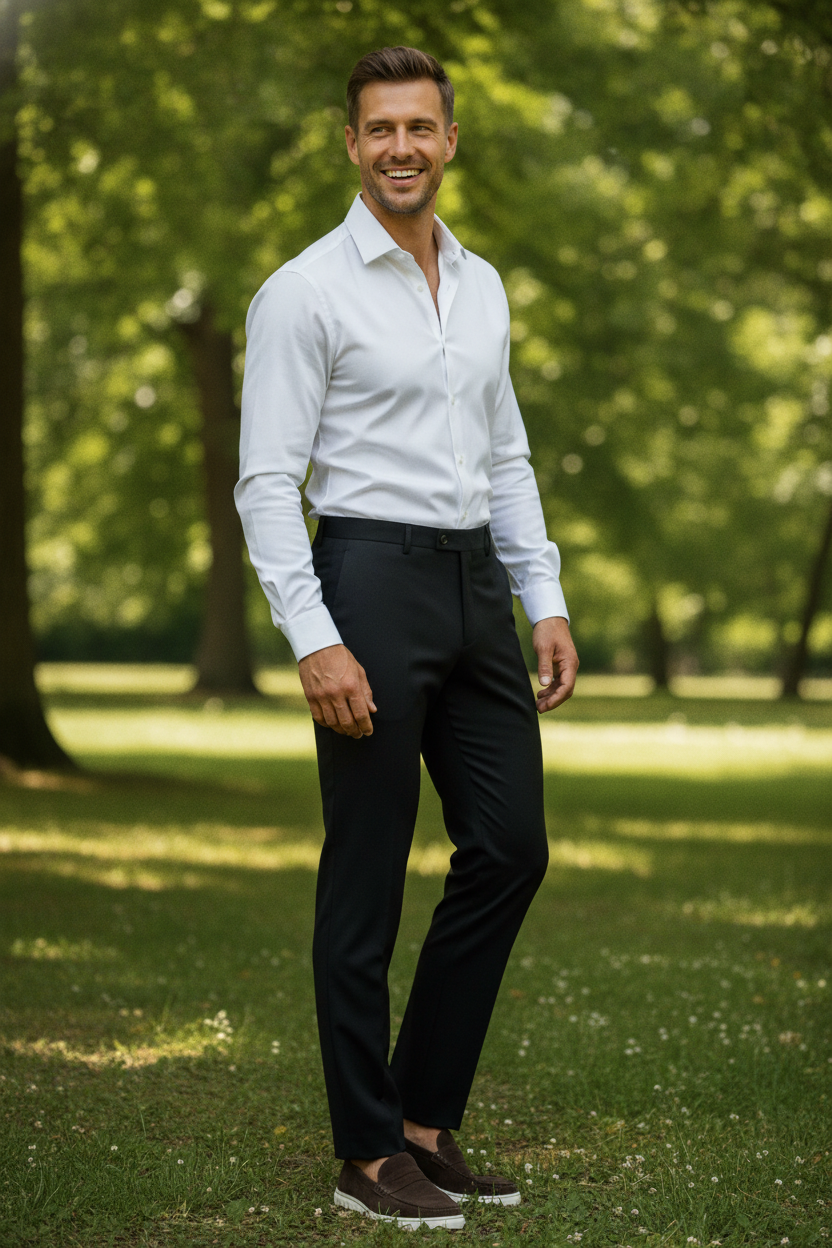 Pantalon Broek Black Mix and Match - Mister Steven, model buiten in de natuur De Heerenkamer Utrecht