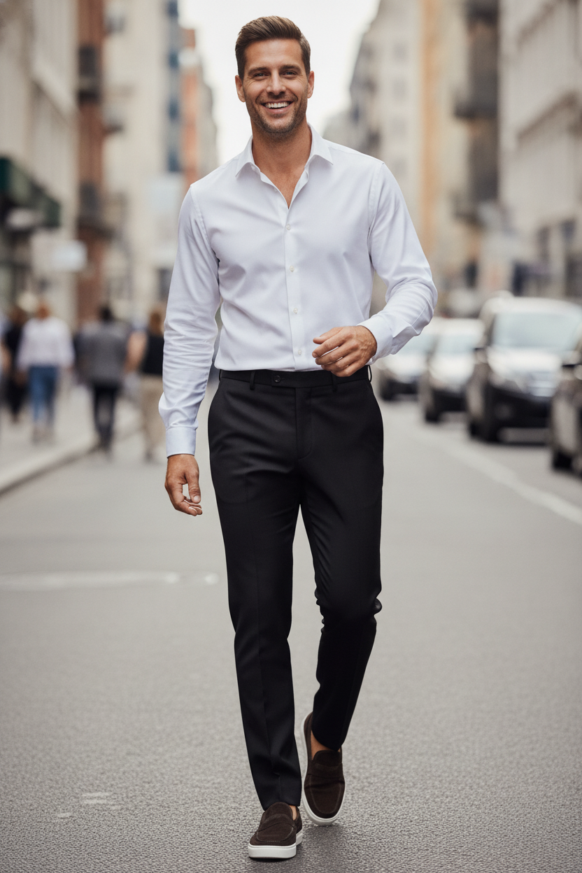 Pantalon Broek Black Mix and Match - Mister Steven, model op straat De Heerenkamer Utrecht
