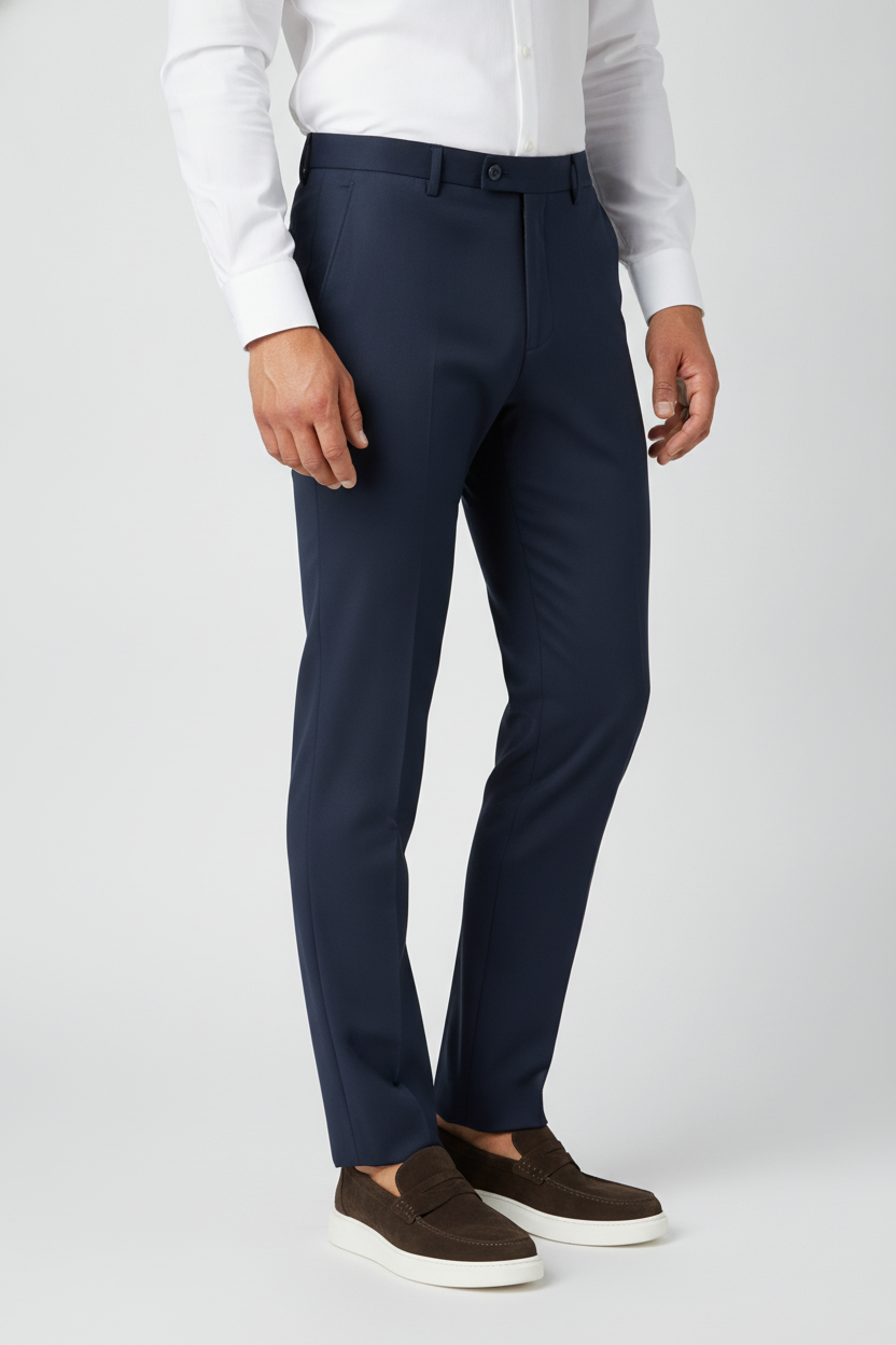 Pantalon Broek Navy Mix and Match - Mister Steven, model driekwart aanzicht De Heerenkamer Utrecht