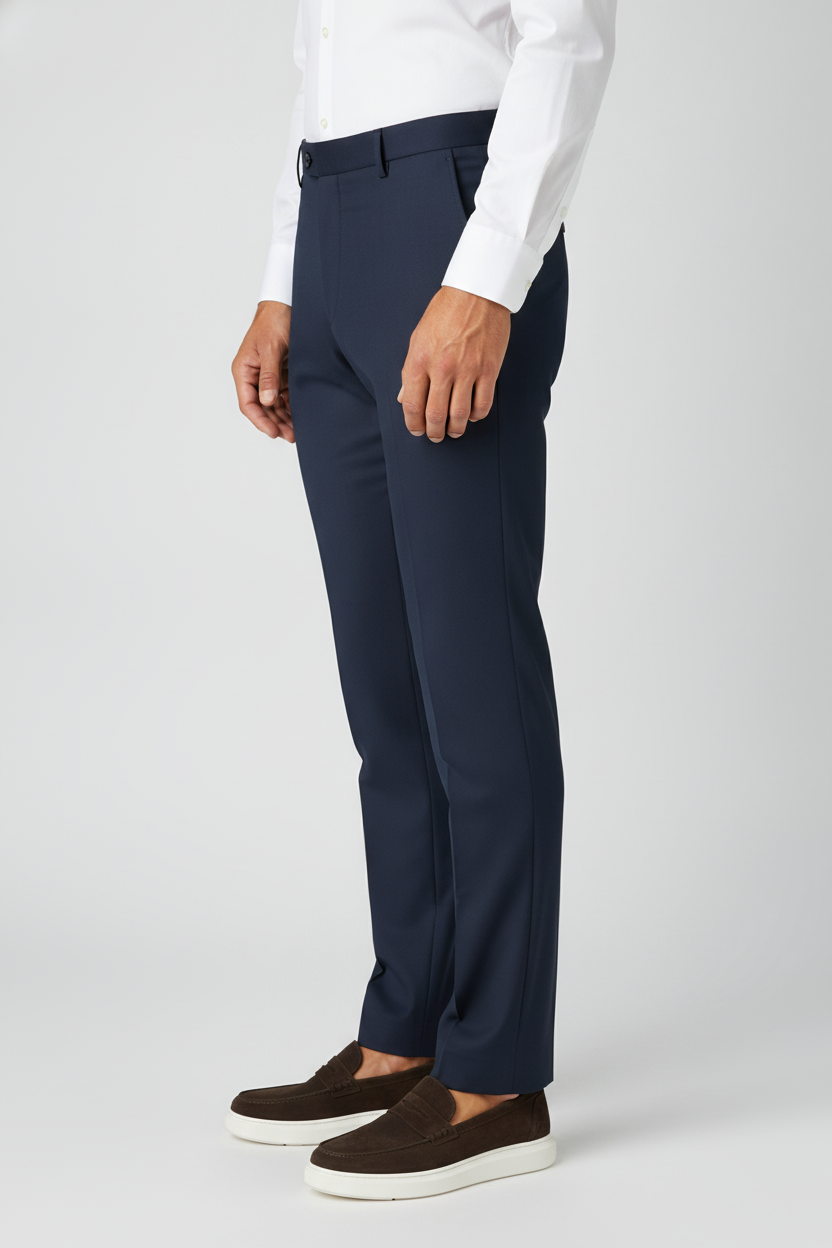 Pantalon Broek Navy Mix and Match - Mister Steven, model zijaanzicht De Heerenkamer Utrecht