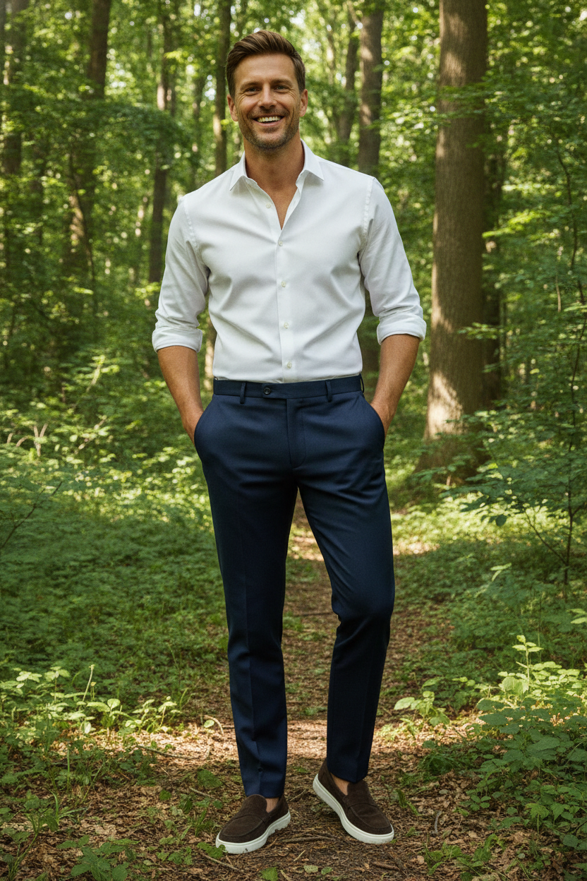 Pantalon Broek Navy Mix and Match - Mister Steven, model buiten in de natuur De Heerenkamer Utrecht
