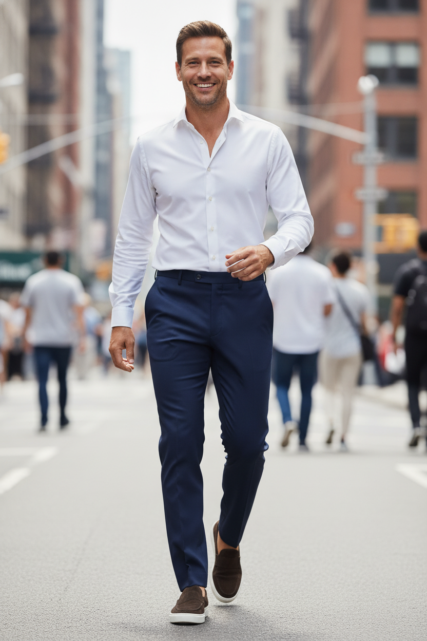 Pantalon Broek Navy Mix and Match - Mister Steven, model op straat De Heerenkamer Utrecht