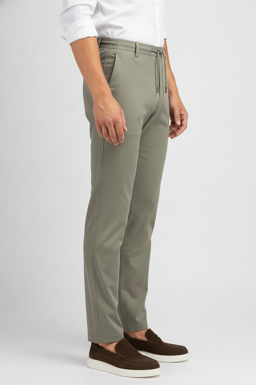 Chino Broek Light Olive "Carson" - Flexx, model zijaanzicht De Heerenkamer Utrecht