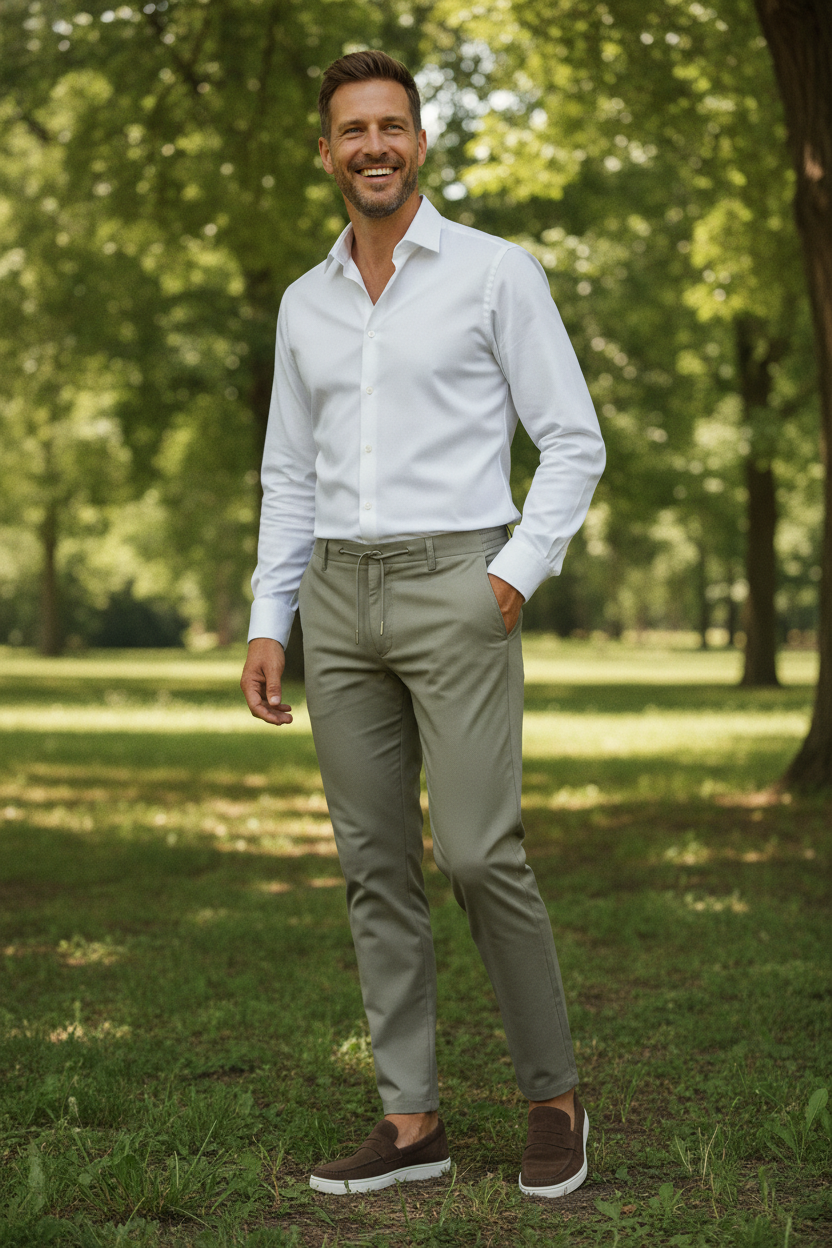 Chino Broek Light Olive "Carson" - Flexx, model buiten in de natuur De Heerenkamer Utrecht