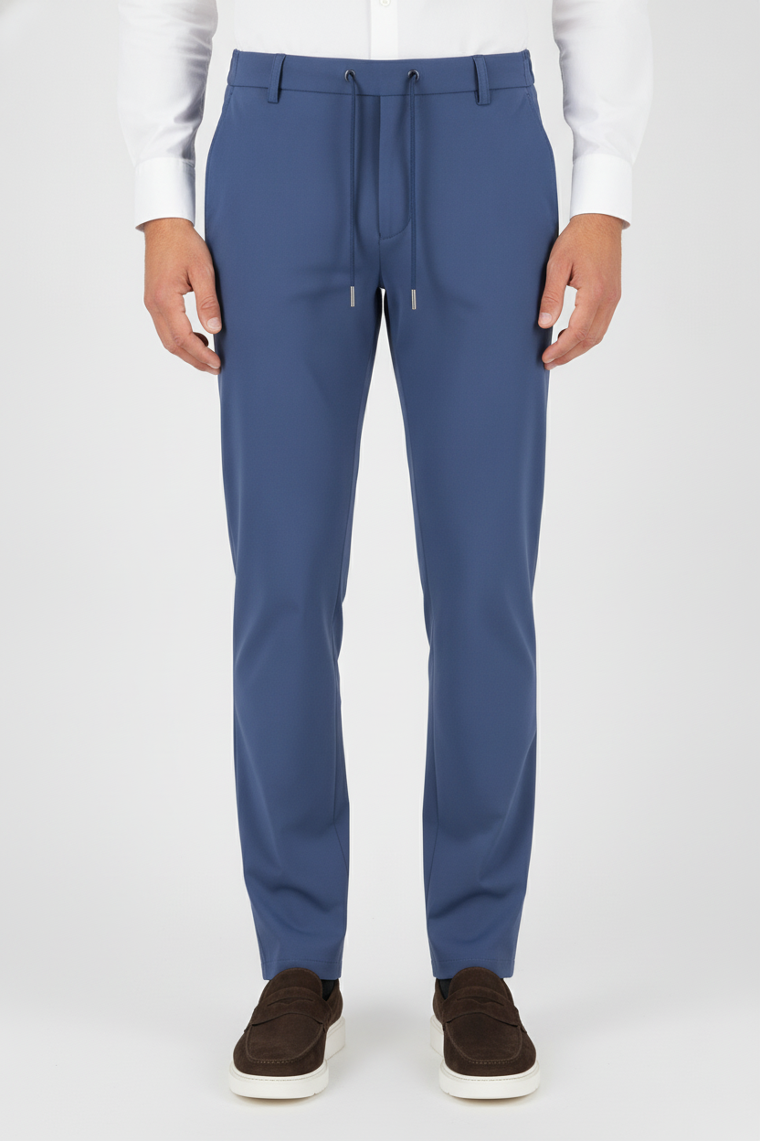 Chino Broek Royal Blue Jersey "Carson" - Flexx, model vooraanzicht De Heerenkamer Utrecht