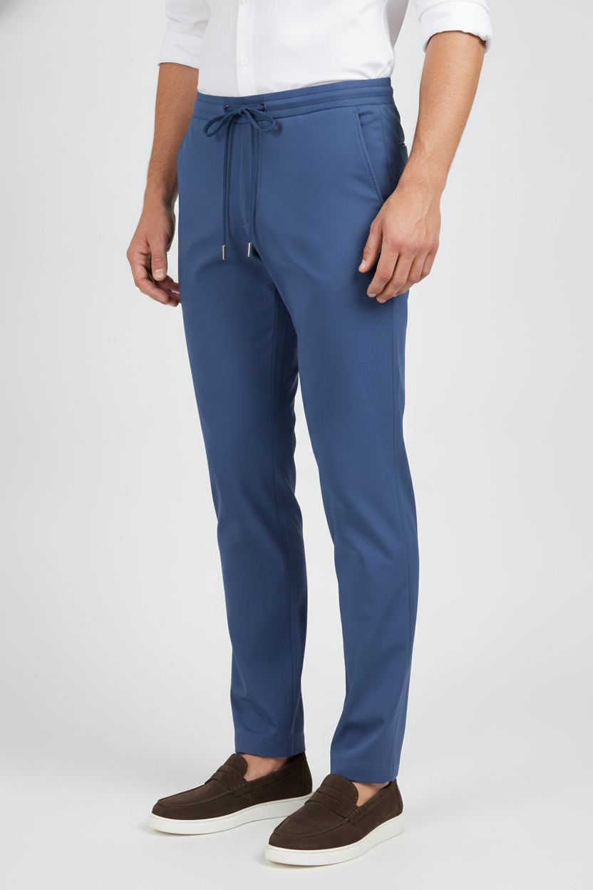 Chino Broek Royal Blue Jersey "Carson" - Flexx, model driekwart aanzicht De Heerenkamer Utrecht