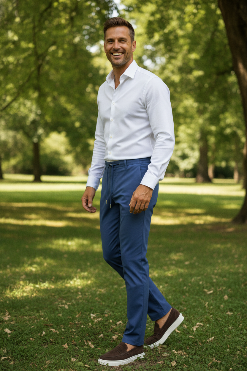 Chino Broek Royal Blue Jersey "Carson" - Flexx, model buiten in de natuur De Heerenkamer Utrecht