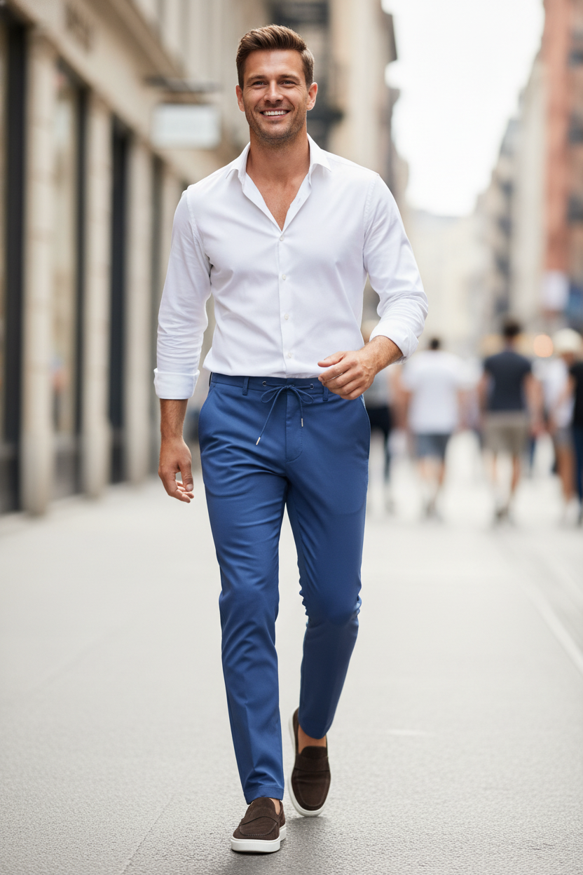 Chino Broek Royal Blue Jersey "Carson" - Flexx, model op straat De Heerenkamer Utrecht