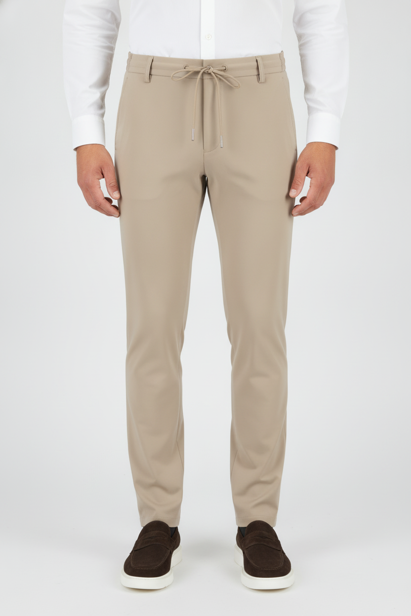 Chino Broek Sand Jersey "Carson" - Flexx, model achteraanzicht De Heerenkamer Utrecht