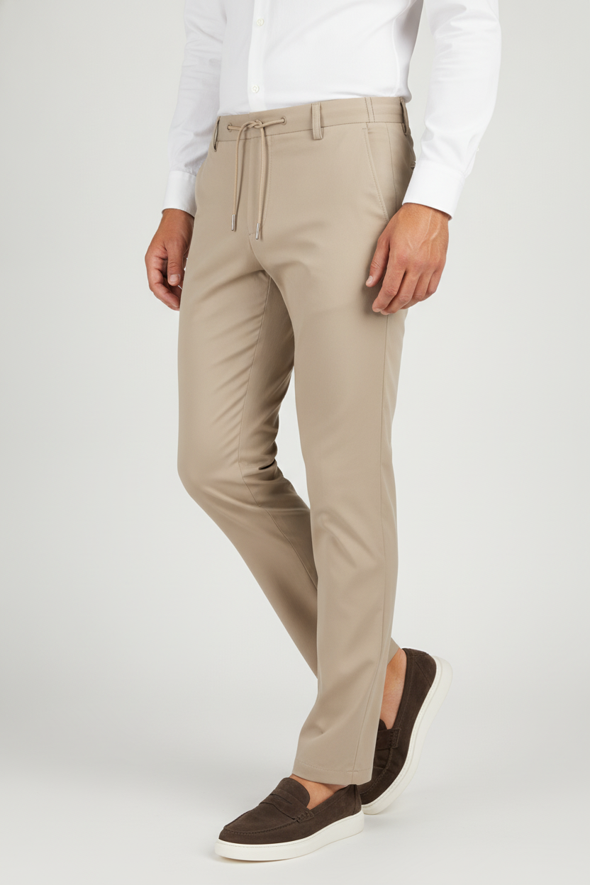 Chino Broek Sand Jersey "Carson" - Flexx, model driekwart aanzicht De Heerenkamer Utrecht