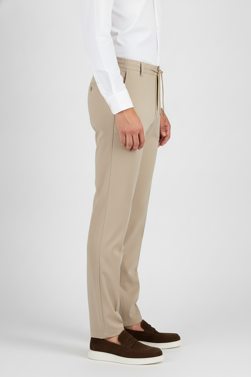 Chino Broek Sand Jersey "Carson" - Flexx, model zijaanzicht De Heerenkamer Utrecht