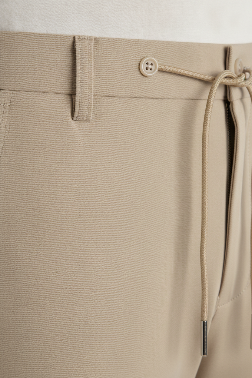 Chino Broek Sand Jersey "Carson" - Flexx, detail sluiting De Heerenkamer