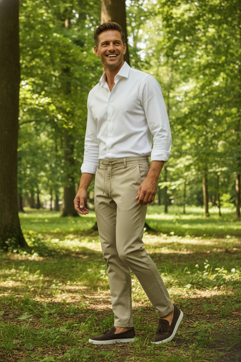 Chino Broek Sand Jersey "Carson" - Flexx, model buiten in de natuur De Heerenkamer Utrecht