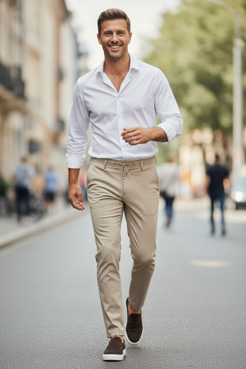 Chino Broek Sand Jersey "Carson" - Flexx, model op straat De Heerenkamer Utrecht
