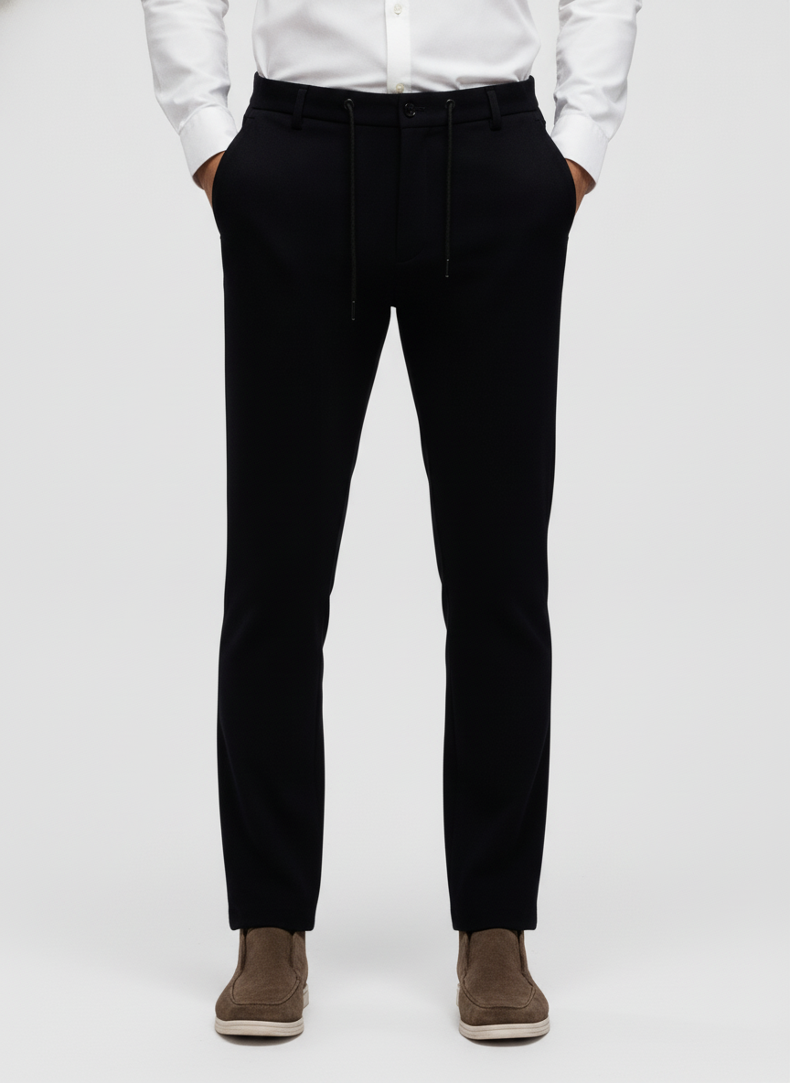 Chino Broek Navy "Carson" - Flexx, model vooraanzicht De Heerenkamer Utrecht