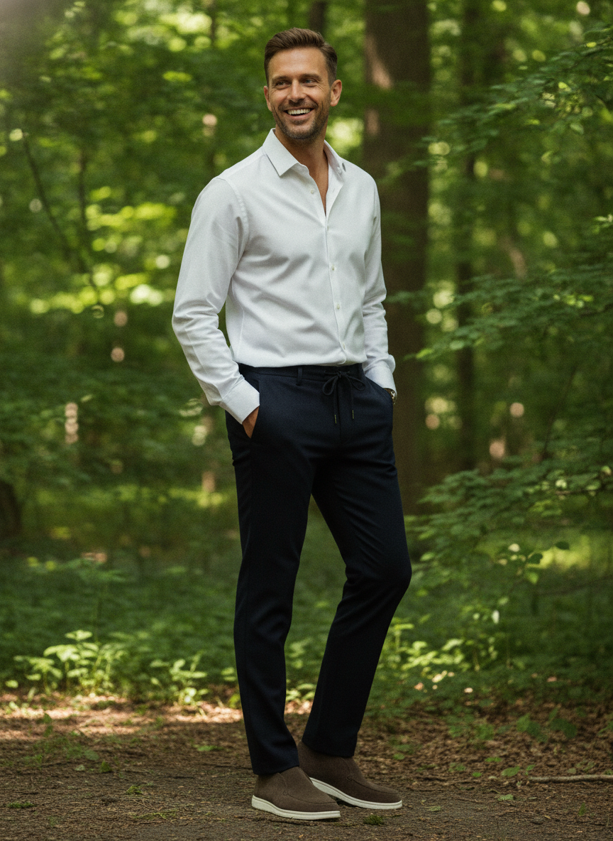 Chino Broek Navy "Carson" - Flexx, model buiten in de natuur De Heerenkamer Utrecht
