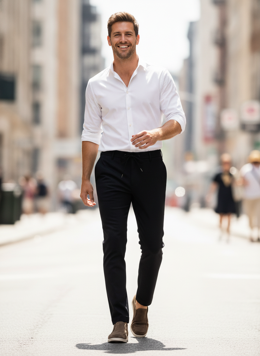 Chino Broek Navy "Carson" - Flexx, model op straat De Heerenkamer Utrecht