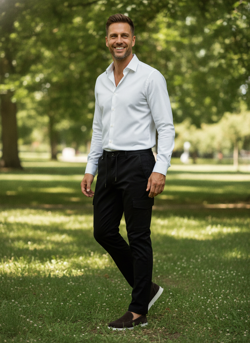 Cargo Broek Black "Borge" - Flexx, model buiten in de natuur De Heerenkamer Utrecht